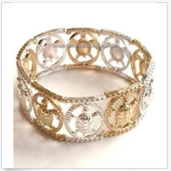 Silver Gold Sea Life Turtle Charm Bracelet Stretch - Picture 6 of 8